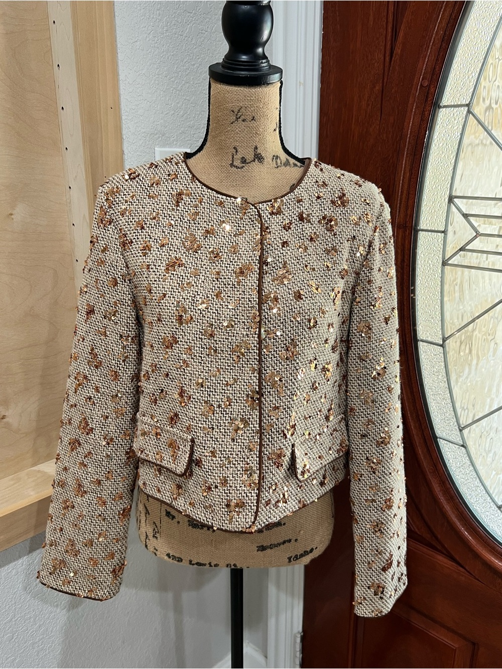 MOTF Beige Bouclé Jacket with Gold Sequin Accents